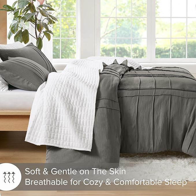 Comfort Spaces Grey Twin Size Comforter Set - 2 Pieces Pintuck Pleated Bedding Sets Twin, All Season Lightweight, Extra Softness Pre-Washed Microfiber Twin Bed Set, Shams, Twin/Twin XL