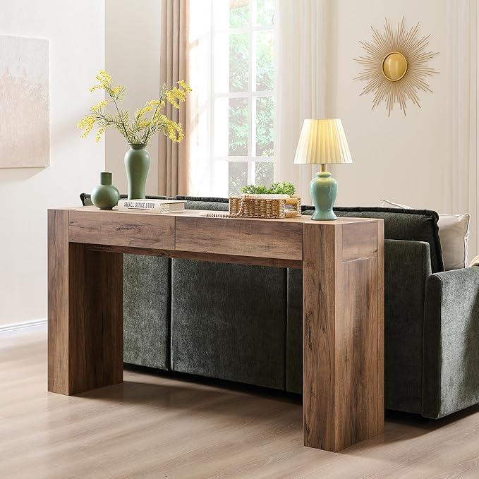 OKD Modern Entryway Console Table, Sofa Table with Drawers, 63" Long Hall Table Behind Couch, Thick Wood Design for Living Room, Hallway - Rustic Oak