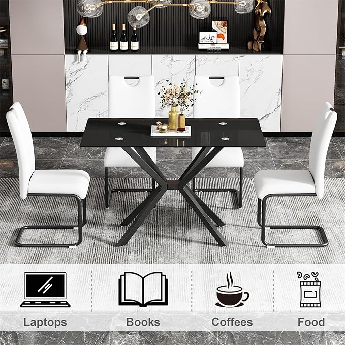 47'' Modern Glass Dining Table for 2-4 People, Rectangular Dining Room Table with Black Metal Legs, Clear Tempered Glass Top Dining Table for 4, Black Dining Kitchen Table for 4