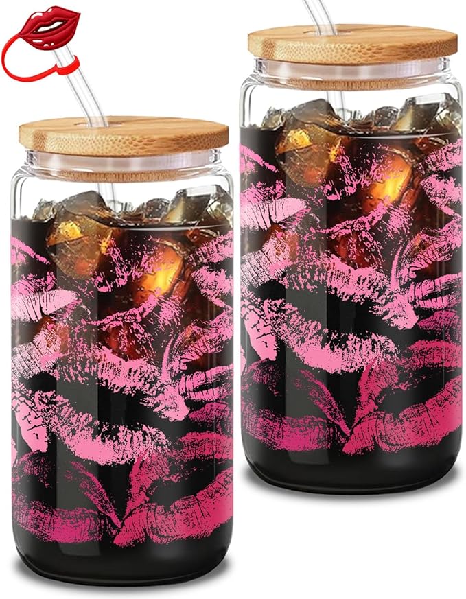 Aesthetic Pink Lipstick Tumbler - 16oz Iced Coffee Glass with Lid, Straw & Brush Set, Cute Coffee Bar Essentials, Elegant Gift Idea for Her, Ready to Gift, One Piece