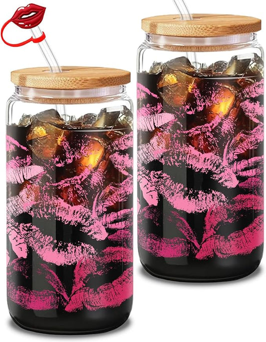 Aesthetic Pink Lipstick Tumbler - 16oz Iced Coffee Glass with Lid, Straw & Brush Set, Cute Coffee Bar Essentials, Elegant Gift Idea for Her, Ready to Gift, One Piece