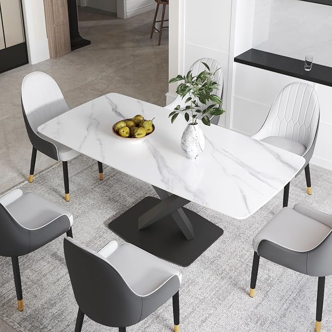 Modern Rectangle Marble Dining Table for 6,71" White Marble Sintered Stone Top Dining Table,Rectangle Dining Room Table with X-Shape Carbon Steel Pedestal for Kitchen/Living Room(Table Only)