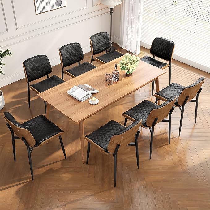Dining Chairs Set of 6, Mid-Century Modern Upholstered PU Leather Chairs with Walnut Back and Metal Legs Adjustable Feet for Kitchen Dining Room, Black Diamond Plaid