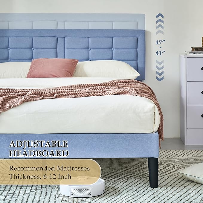 VECELO Full Size Bed Frame with Adjustable Headboard, Upholstered Button Tufted Platform Bedframe with Wood Slats Support, No Box Spring Needed, Light Blue
