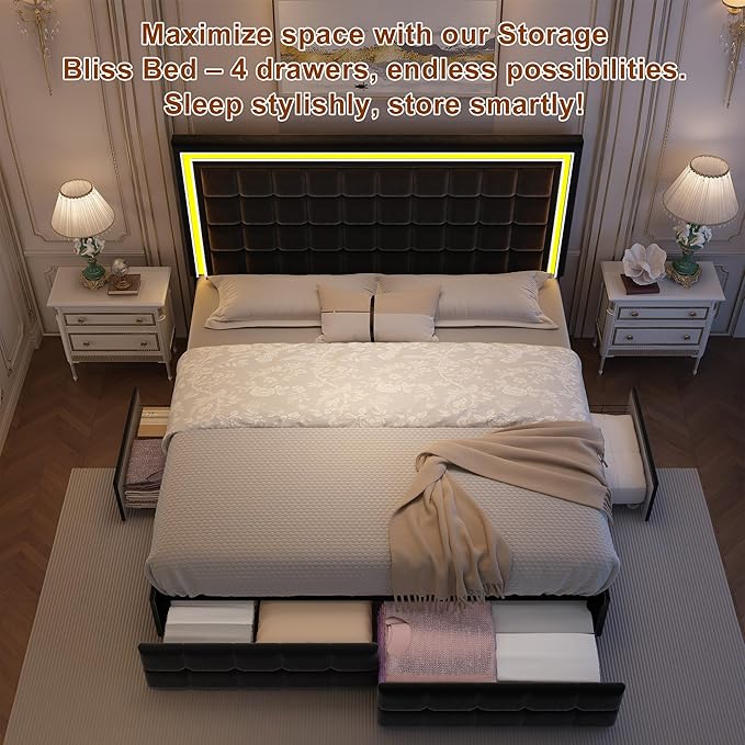 Full Led Bed Frame with 4 Storage Drawers, Bed Frame with Led Lights No Box Spring Needed, Supports 900 lbs, Easy Assembly, Quiet and Sturdy Design, Velvet Black