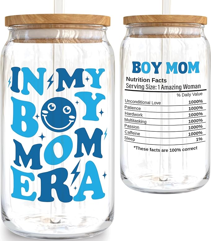 KLUBI Boy Mom Gifts for New Mother to Be - In My Boy Mom Era Cup 16oz Iced Coffee Glass with Lid and Straw - Baby Shower Mum Gifts for Women, Mama Coffee Mug for Expecting Mother Pregnancy Present