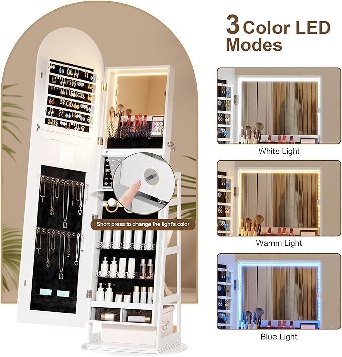 HWB LED Mirror Jewelry Cabinet, 360° Swivel Jewelry Organizer Standing, Arched Wide Full-Length Mirror with Storage Shelves, Interior Mirror, Gift Jewelry Armoire for Lady Girls