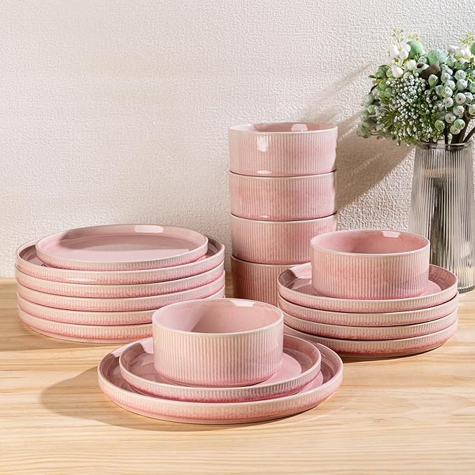GBHOME Stoneware Dinnerware Sets for 4,Round Reactive Glaze Ceramic Plates and Bowls Set,Highly Scratch Resistant | Dishwasher & Microwave Safe Dishes Set,Service for 4(12Pcs),Pink