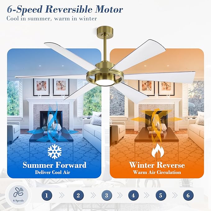 ELEHINSER 60" Ceiling Fan with Lights - 6 ABS Plastic Blades, 3 Downrods, 6-Speed Reversible DC Motor, 3CCT, Windmill Ceiling Fan for Kitchen Bedroom Living Room, Brass and Transparent