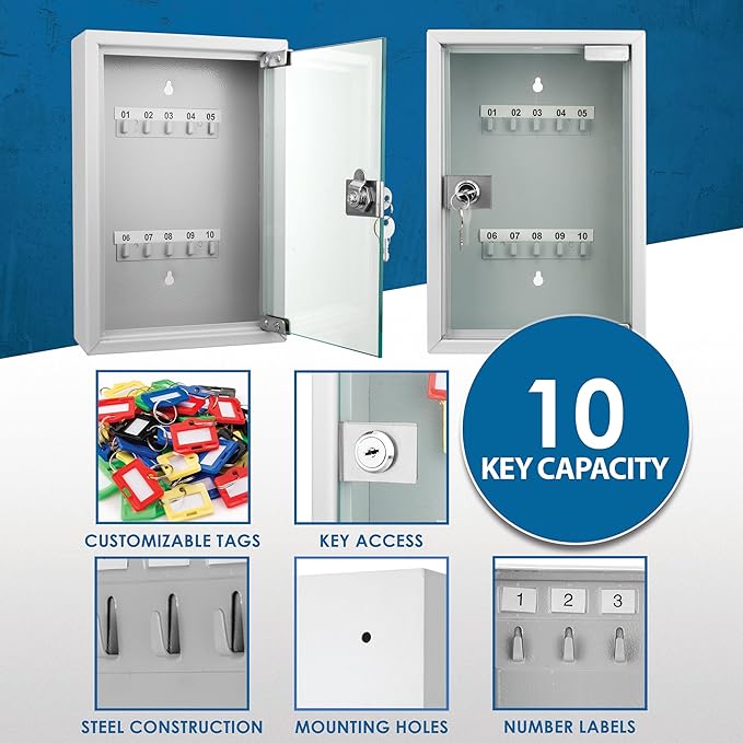 Barska Key Lock Box with Glass Door – Wall Mount Steel Key Cabinet Organizer with Labeled Hooks and Colored Key Tags for Home, Office, Property Management