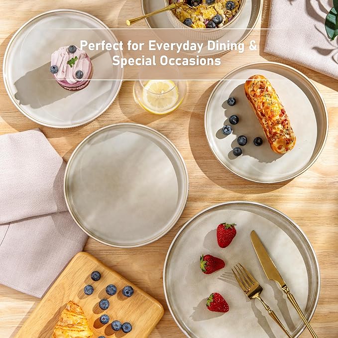 GBHOME Stoneware Dinnerware Sets for 4,Round Reactive Glaze Ceramic Plates and Bowls Set,Highly Scratch Resistant | Dishwasher & Microwave Safe Dishes Set,Service for 4(12Pcs)，Cappuccino