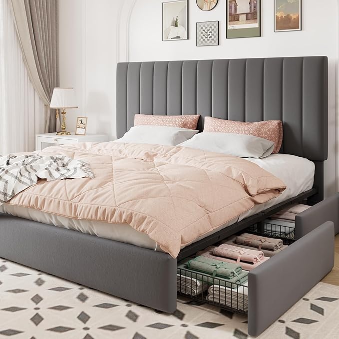 Allewie King Size Storage Bed Frame, Vertical Channel Tufted Adjustable Headboard, Velvet Upholstered Platform Bed with 4 Oversized Underbed Drawers, Wooden Slats Support, No Box Spring Needed, Grey