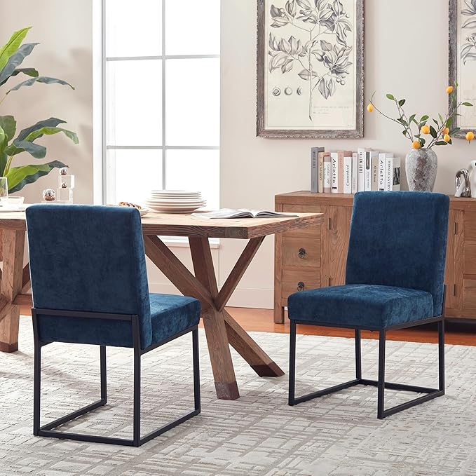 VKNOW Upholstered Dining Chairs Set of 2, Modern Dining Room Chairs, Linen Kitchen Chair Dinner Chair with Black Metal Base for Kitchen Office, Blue-Unstriped