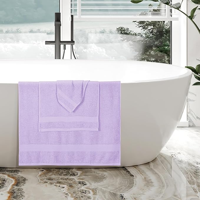 BOUTIQUO Ultra Soft 3 Pack Cotton Towel Set, Contains a Bath Towels 27x54 inch, a Hand Towels 16x24 inch & a Wash Coths 12x12 inch, Ideal Everyday use, Compact & Lightweight - Purple