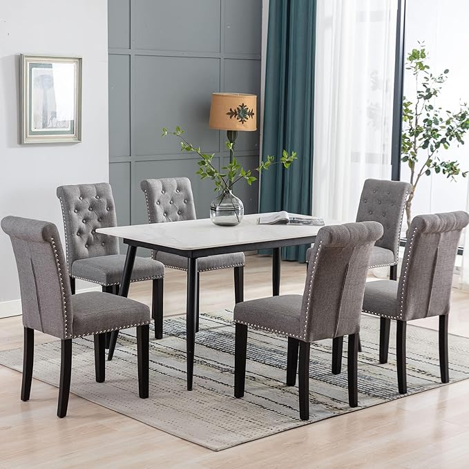 Westice Dining Room Chairs Set of 8 Upholstered Fabric Kitchen Chairs Dining Room Side Chair with Nailhead Trim and Rubber Wood Legs for Small Space Apartment, Gray