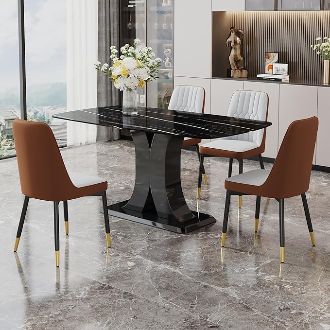 Modern Dining Table Set for 4, Marble Kitchen Table Chair Set for 4, Rectangular Kitchen Table with PU Leather Upholstered Chair for Dining Room (Brown-C)