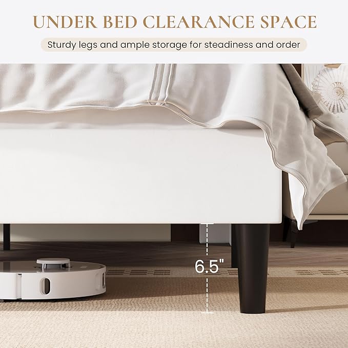 SHA CERLIN Queen Bed Frame with Charging Station, Velvet Upholstered Platform Bed, Wingback Storage Headboard, Type-C & USB Ports, Strong Wooden Slats, No Box Spring Needed, Easy Assembly, White
