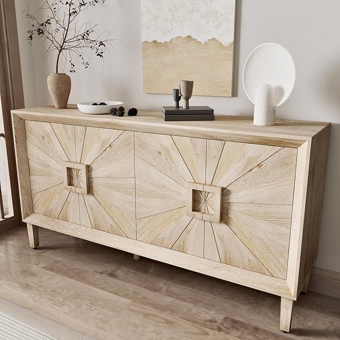 60'' Rustic Large Sideboard with 4 Doors and Adjustable Shelves, Heavy-Duty Antique Wood Entryway Console Table TV Stand for Living Room Dining Room (Antique Natural-10.2)