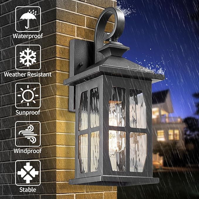 Darkaway Outdoor Light Fixtures Wall Mount, 2pcs Outside Wall Lights Exterior Lighting Fixture with Water Ripple Glass Outdoor Wall Sconce for House Porch Hallway Garage Front Door