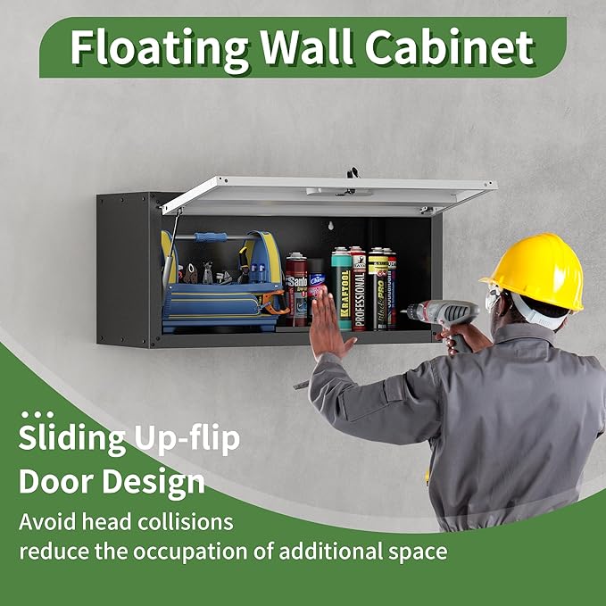 Garage Wall Cabinet, Wall Mounted Cabinet with Up-flip Door and Adjustable Shelf for Garage, Tool Room, Kitchen, Assembly Required(Black and Gray)