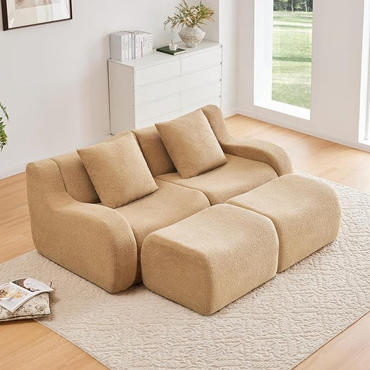 Camel Modular Cloud Couch Loveseat with 2 Ottomans, Modern Teddy Fabric Boneless Sectional Sofa in a Box for Living Room, Deep Seat Floor Couch, No Assembly Required, Sofas para Sala