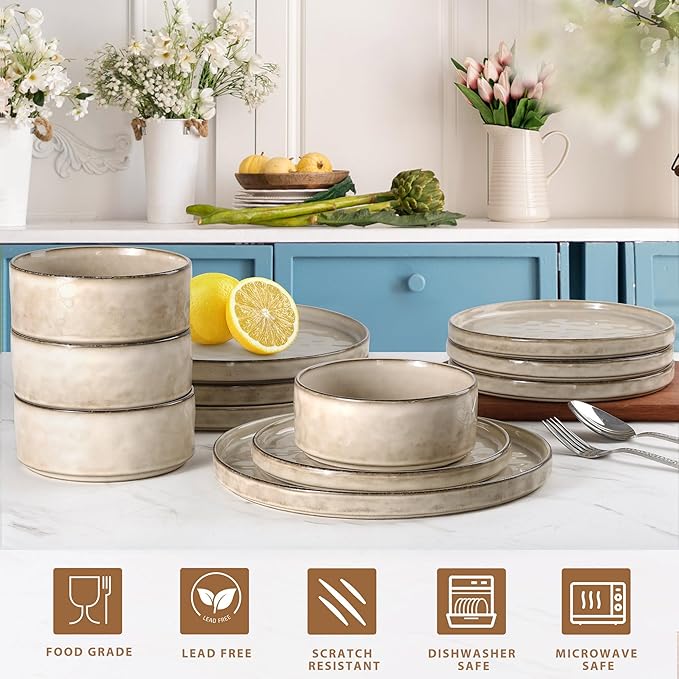 LIANYU Stoneware Dinnerware Set, 6 Piece Plates and Bowls Sets for 2, Ceramic Dish Set Includes Dinner Salad Plates, Cereal Bowls, Microwave & Dishwasher Safe, Sandy Beige