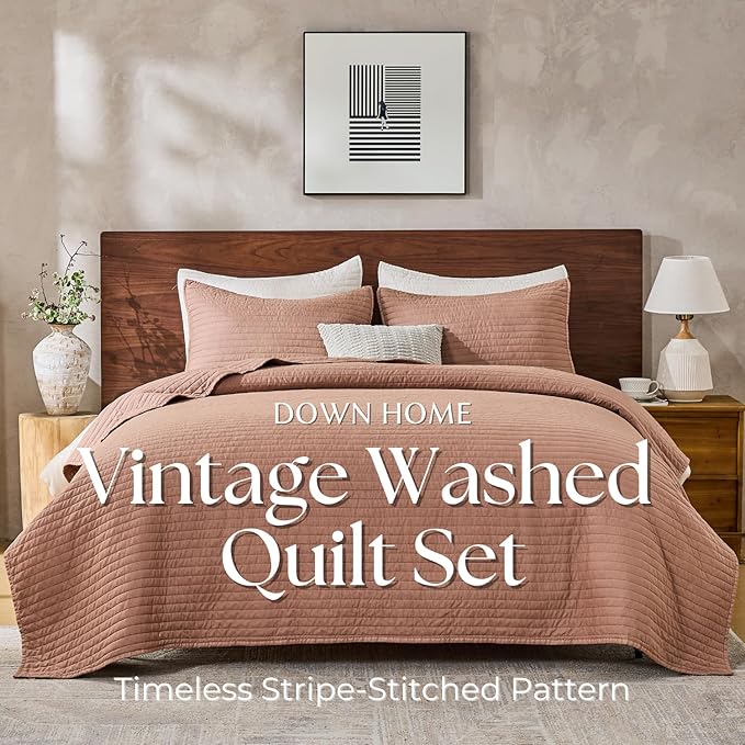DOWN HOME Twin Quilt Bedding Set with Sham, Vintage Washed Soft Quilted Blanket Thin Comforter Lightweight Bedspread Coverlet Bed Cover, Brushed Microfiber Stripe Stitching, Desert Blush, 66"x92"