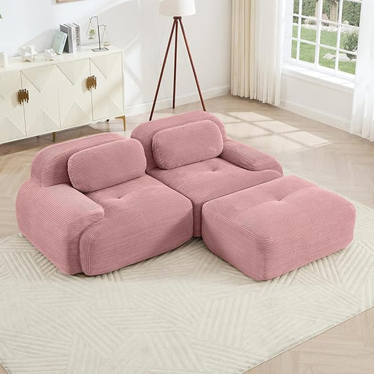80" Modern Corduroy Boneless Love Seat Couches with 1 Ottoman, 2 Seater Large Sectional Couches for Living Room, Pink Cloud Modular Sectional Sofa, Memory Foam, Extra Deep Loveseat, No Assembly