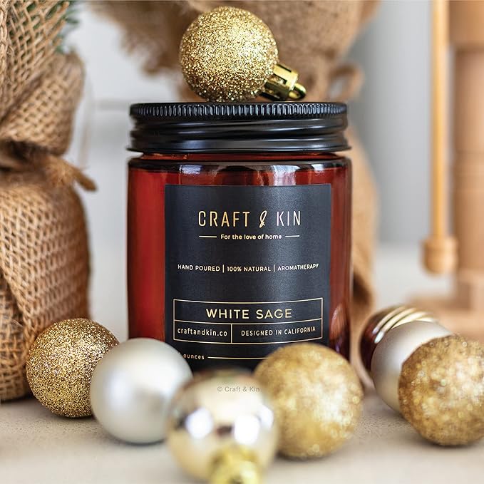 Craft & Kin Christmas Scented Candles for Men | Premium White Sage Winter Scented Candles | All-Natural Scent for Home | Long Lasting Holiday Candles with 45 Hour Burn Time, 8oz