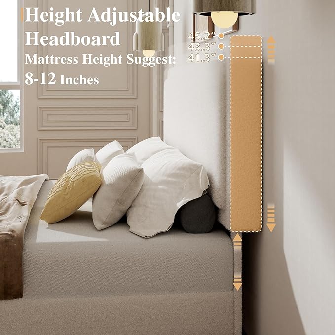 Queen Bed Frame with Adjustable Headboard, Boucle Cloud Platform Bed with Wood Slats, Mattress Foundation, No Box Spring Needed, Easy Assembly, Beige