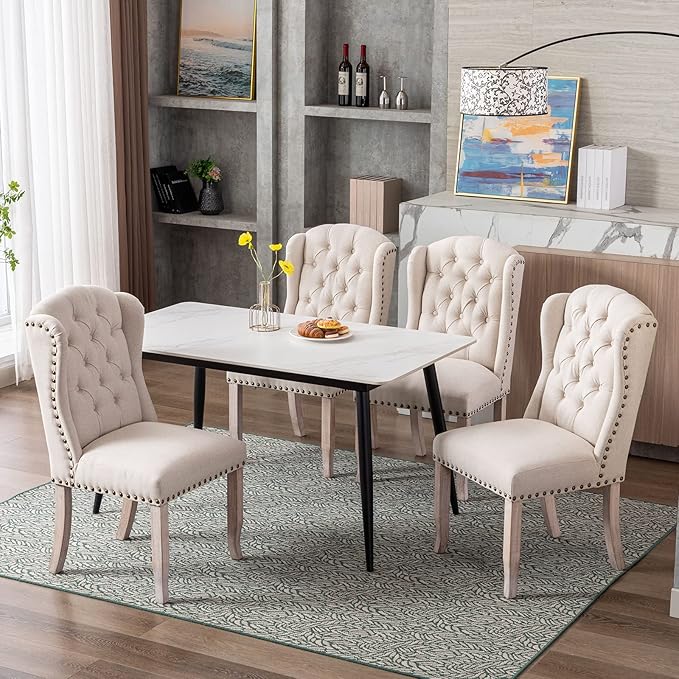 DUOMAY Modern Tufted Dining Chairs Set of 4, Linen Upholstered Dining Room Chairs Armless Guest Side Chair for Kitchen Dining Room, Wingback Accent Chairs with Solid Wood, Beige