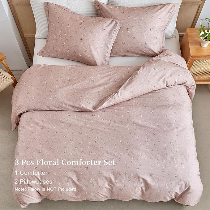 EAVD Garden Pink Floral Comforter Set Full Pink Soft Microfiber Chic Shabby Cute Floral Bedding Set 1 Full Comforter and 2 Pillowcases Fresh Reversible Botanical Comforter Set for All-Season