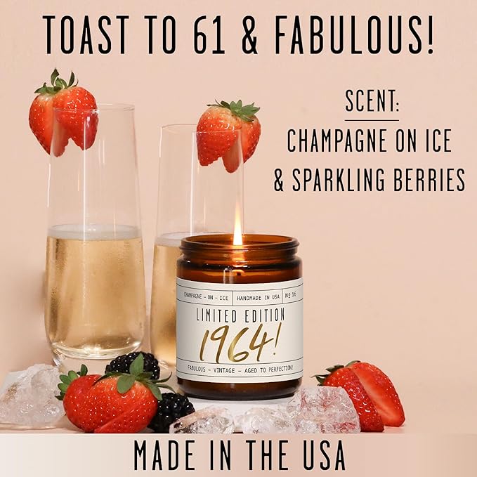 61st Birthday Gifts for Women - 'Limited Edition 1964' Soy Candle, w/Champagne on Ice I 61 Birthday Gifts for Women I 61st Gift for Her Ideas I 9oz Reusable Jar, 50Hr Burn, Made in USA