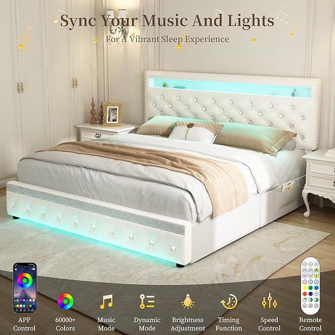 Queen Led Bed Frame with 2 Drawers, Modern Metal Platform Bed Frames Queen Size with Storage, Adjustable Height Crystal Button Tufted Headboard, No Box Spring Needed, Easy Assembly, PU White