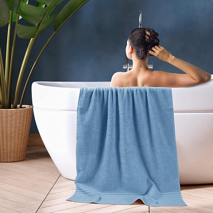 BOUTIQUO 100% Cotton 2 Pack Bath Towel Set 28x55, Eco-Friendly Large Bath Towels, Compact Quickdry Lightweight Soft & Highly Absorbent Bath Towel, Ideal for Everyday Gym Travel Camp Pool - Sky Blue