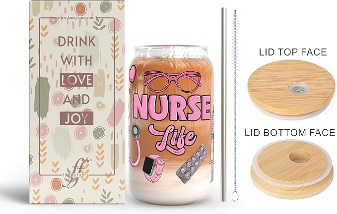 Fancyfams 16 oz Glass Drinking Cup with Bamboo Lid, and Straw, Nurse Cup Gifts for Women, Nursing Student, Practitioner, Registered Rn, Lpn Cool Appreciation Nurse Iced Coffee Gifts (Life)