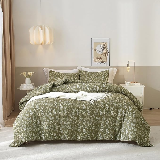 EAVD Fresh Botanical Floral Comforter Set Full Dark Olive Green Soft Microfiber Chic Cute Garden Floral Bedding Comforter Set 1 Full Comforter and 2 Pillowcases Botanical Comforter for All-Season