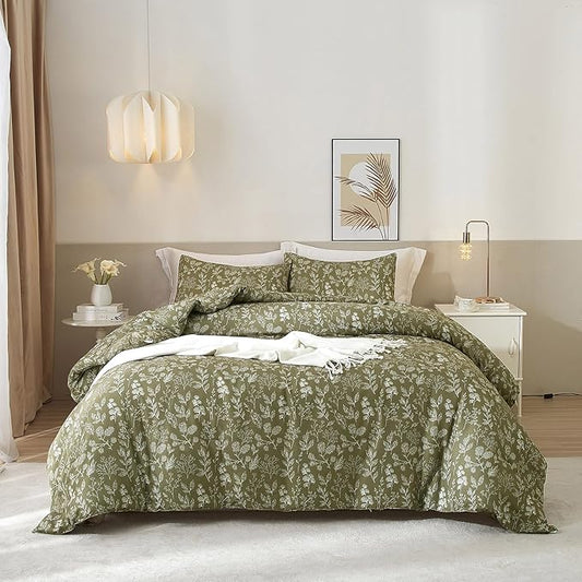 EAVD Fresh Botanical Floral Comforter Set Full Dark Olive Green Soft Microfiber Chic Cute Garden Floral Bedding Comforter Set 1 Full Comforter and 2 Pillowcases Botanical Comforter for All-Season