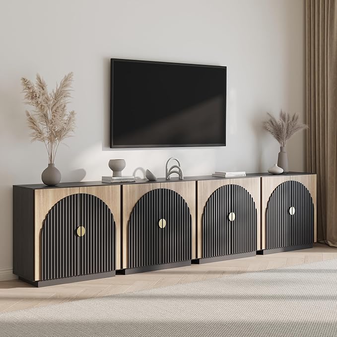 BELLEZE Set of 2 Modular Fluted Sideboard Buffet Cabinet with Storage, Mid-Century Modern Console Table with Symmetrical Arched Doors, Elegant Credenza for Dining Room, Kitchen, and Living Room, Camel
