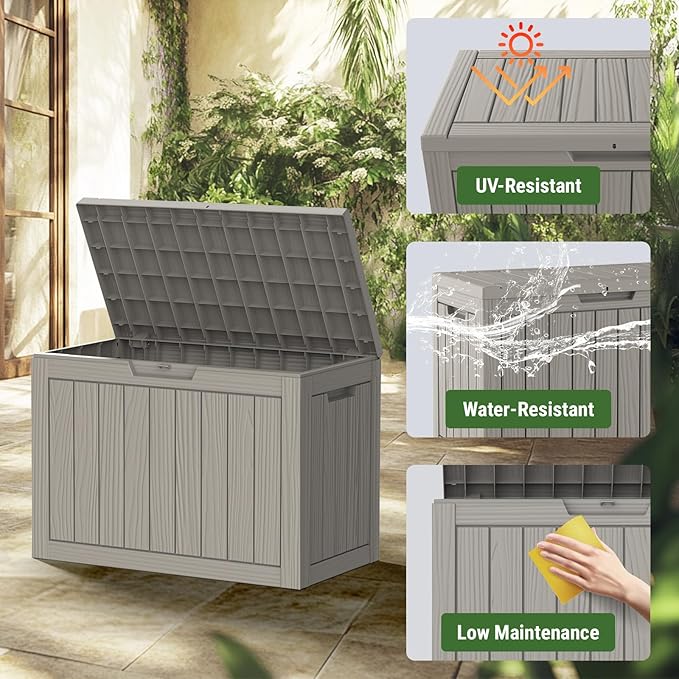 45 Gallon Outdoor Storage Box, Waterproof Deck Box with Build-in Handles and Lockable Lid, Outside Storage Box for Backyard Garden Tools, Patio Cushions, Package Delivery Box, Grey