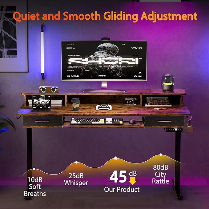 55x24 Inches Electric Standing Desk with Keyboard Tray, Height Adjustable Stand up Desk with 2 Drawers, Ergonomic Sit to Stand Desk with Storage Monitor Stand, Computer Table, Rustic Brown