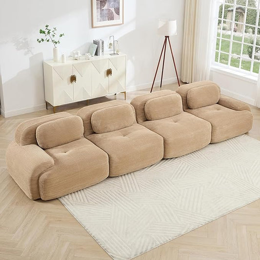 152" Modern Corduroy Cloud Sofa, Boneless Modular Large Sectional Couches for Living Room, Camel 4 Seater Compressed Memory Foam Couch, Extra Deep Seat, No Assembly