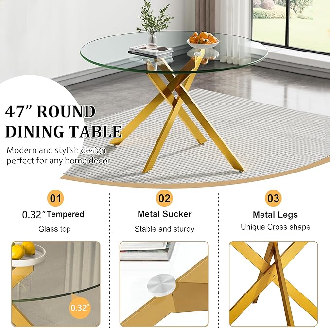 Goujxcy Round Dining Table Set for 4, Modern Glass Kitchen Table and Chairs Set of 4, 5-Piece Dining Room Table Set w/47 Circle Gold Glass Dining Table and 4 Upholstered Velvet Chairs