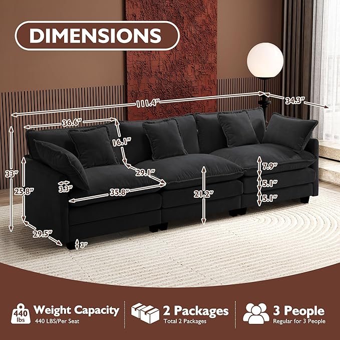 Ihanherry 111.4 Inch 3-Seater Cloud Sofa, Modular Sectional Couch, Modern Deep Seat Sofa for Living Room, Comfy Double Layer Upholstered Seat Cushion, Breathable Chenille Fabric, Black