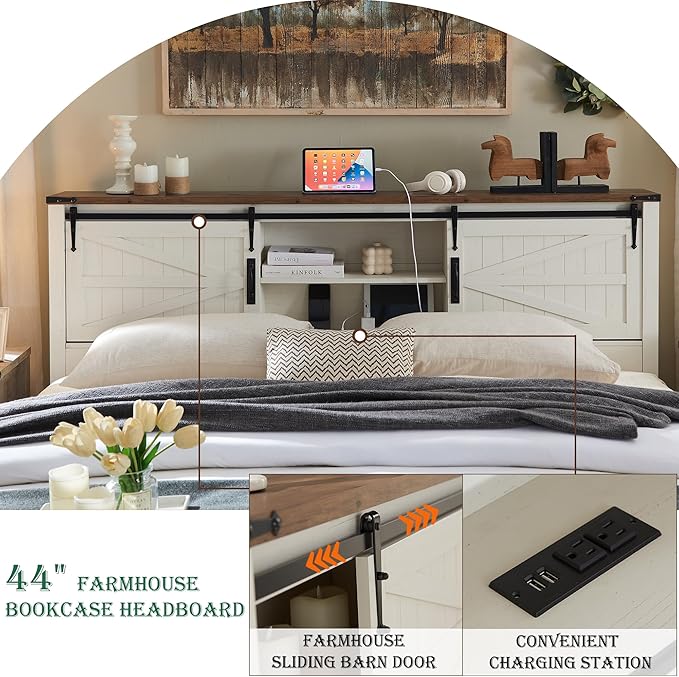 RedLemon Farmhouse Full Size Bed Frame with Bookcase Headboard, Sliding Barn Door, Storage Cabinet, Charging Station, Wood Slats Support, No Box Spring Needed, Antique White