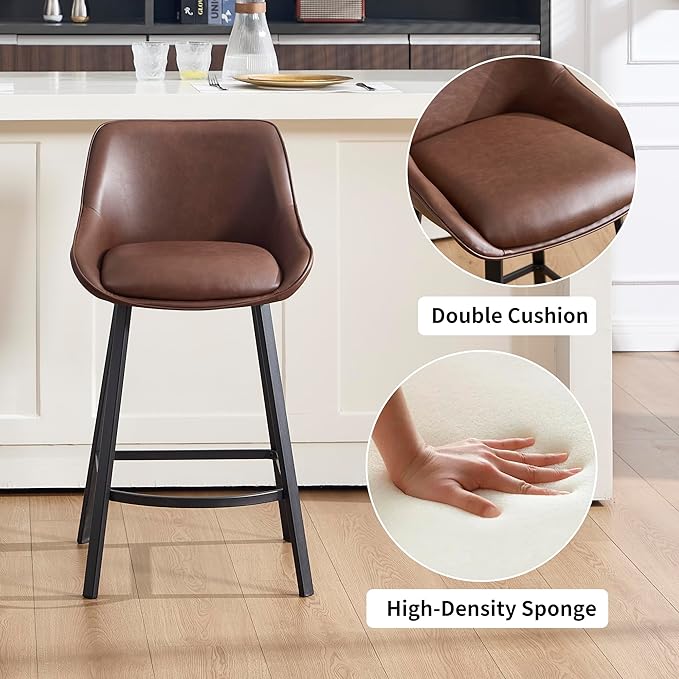 26" Modern Bar Stools Set of 2, Faux Leather Upholstered Bar Stools, Counter Height Bar Chairs with Back for Kitchen, Dining Room, Cafe, Bar - Coffee