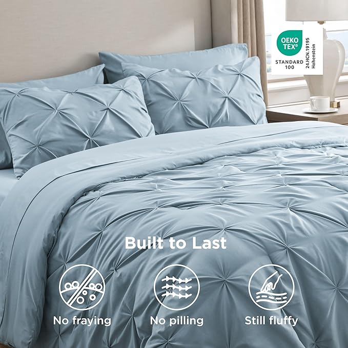 Bedsure King Size Comforter Set Light Blue - Bed in a Bag Bedding Set 7 Pieces, GentleSoft™ Pintuck Bed Set Gift for Family, Pinch Pleat Light Blue Comforter with Sheets, Pillowcases & Shams