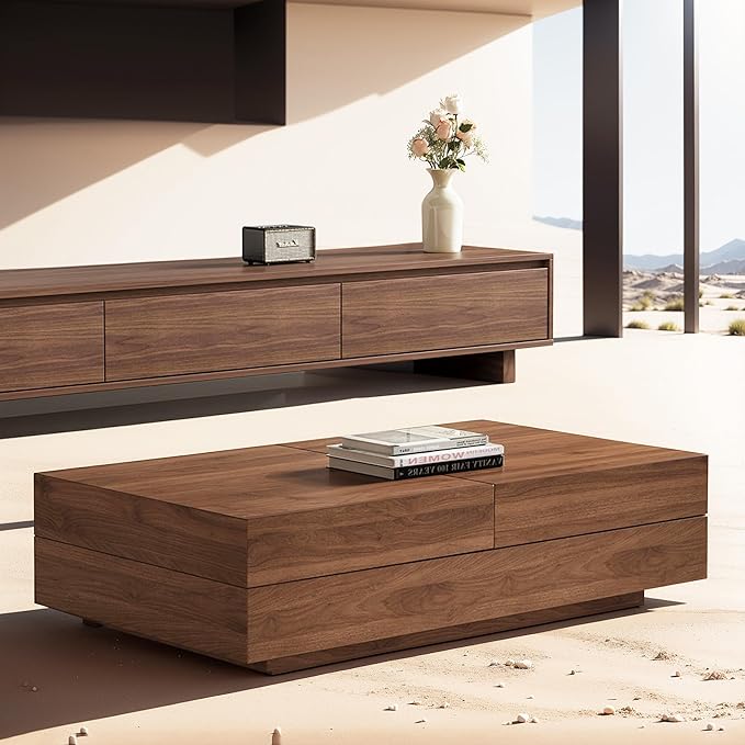 Mid-Century Modern Expandable Coffee Table (47.2"-81.8" Adjustable Centerpiece),Center Table with Large Storage for Living Room Living Rooms, Bedrooms, or Lounge Spaces,Walnut