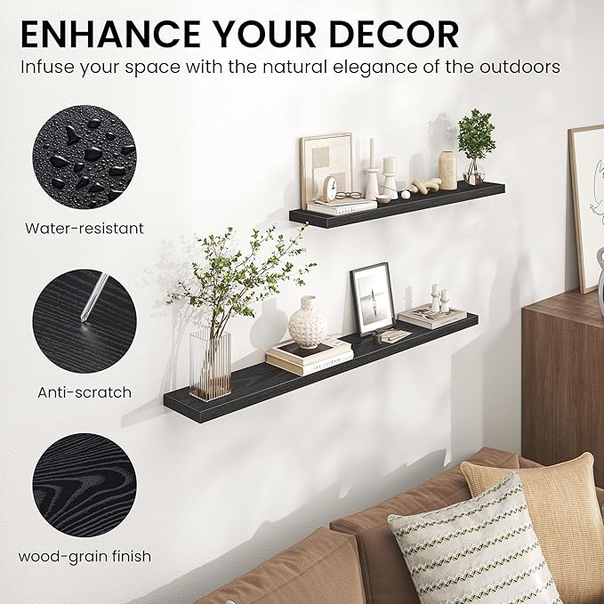 Heimlove Floating Shelves for Wall,16 inchs Shelf for Small Bathroom,Mounted Storage & Display Shelves for Bedroom,Living Room,Kitchen,Office,Set of 2,Black