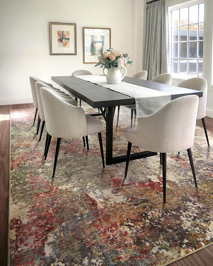 Washable Area Rug for Living Room: 8x10 Modern Abstract Neutral Soft Rug for Bedroom Dining Room No Slip Low Pile Carpet for Nursery Home Office - Red/Ivory